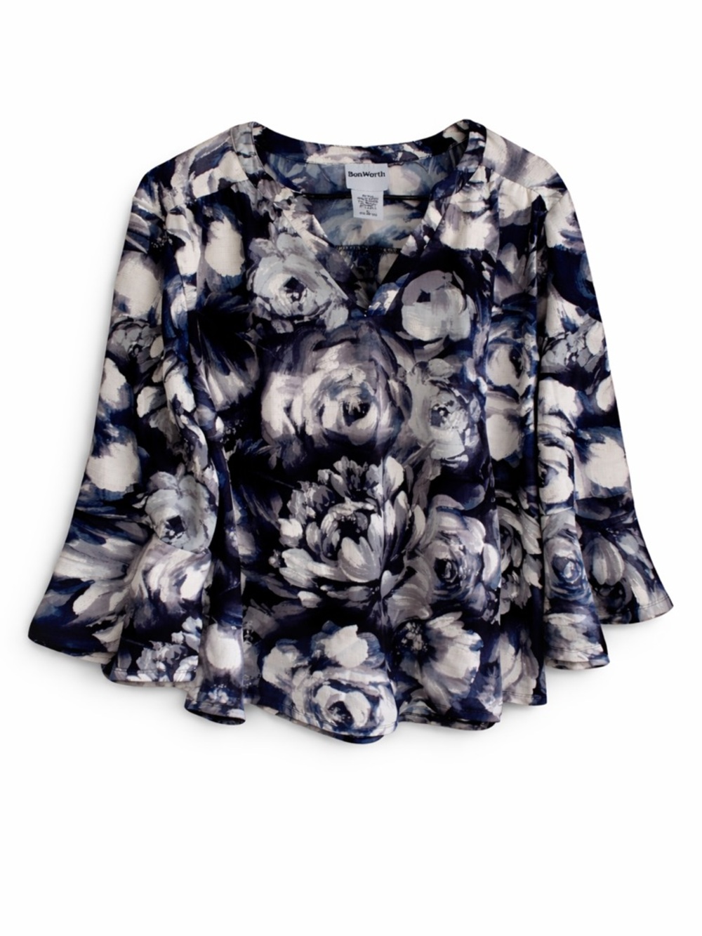 BonWorth Floral Blouse Bell Sleeve Navy White Top Size L NWT